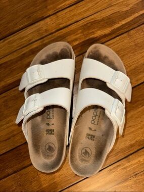 Papillio women’s White Double-Buckle Slide Sandals